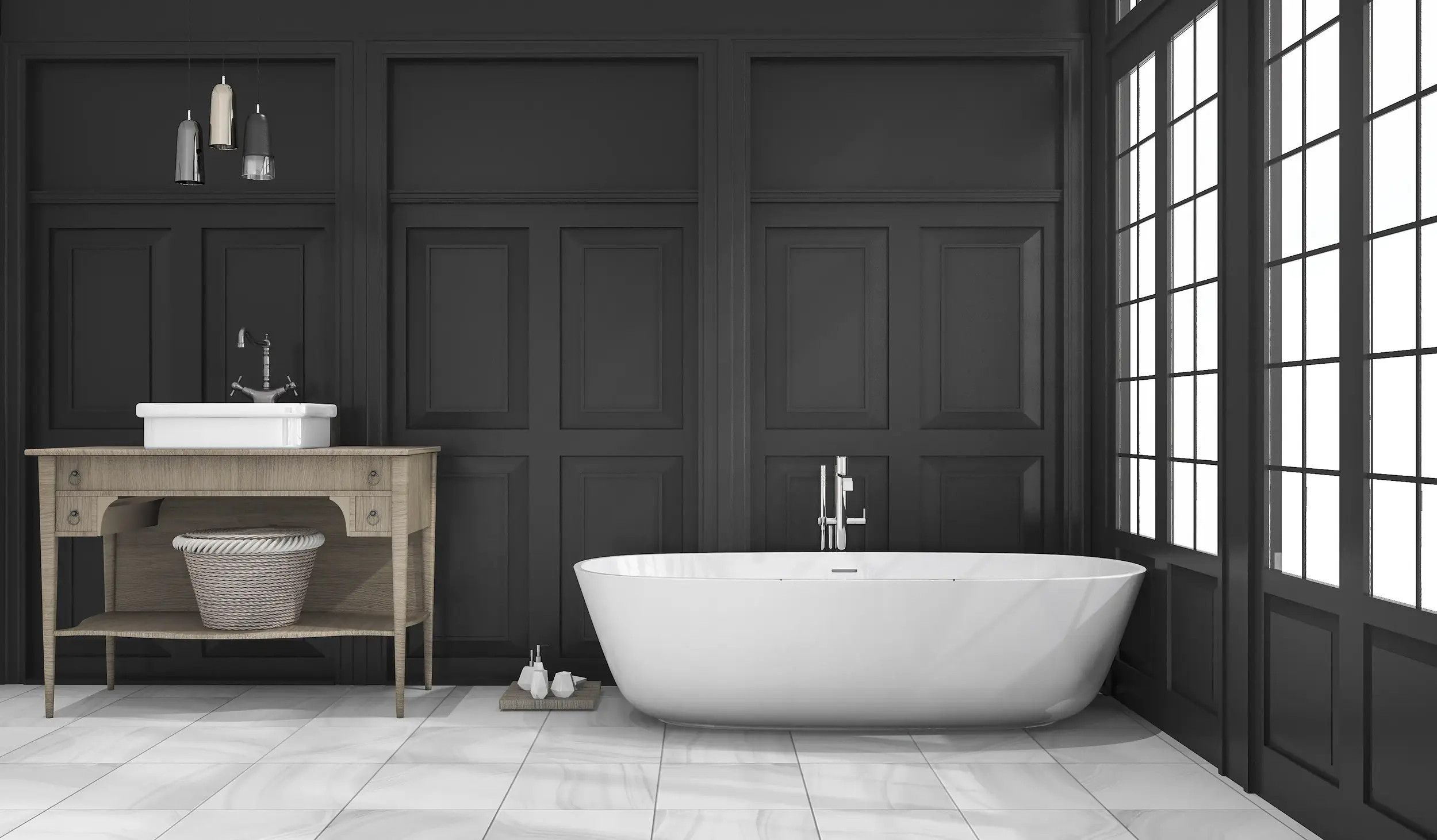 Freestanding soaking tub North York with modern faucet and elegant tile surround