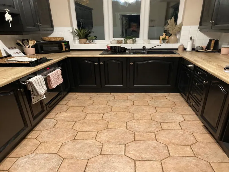 Modern open concept kitchen with island and living area