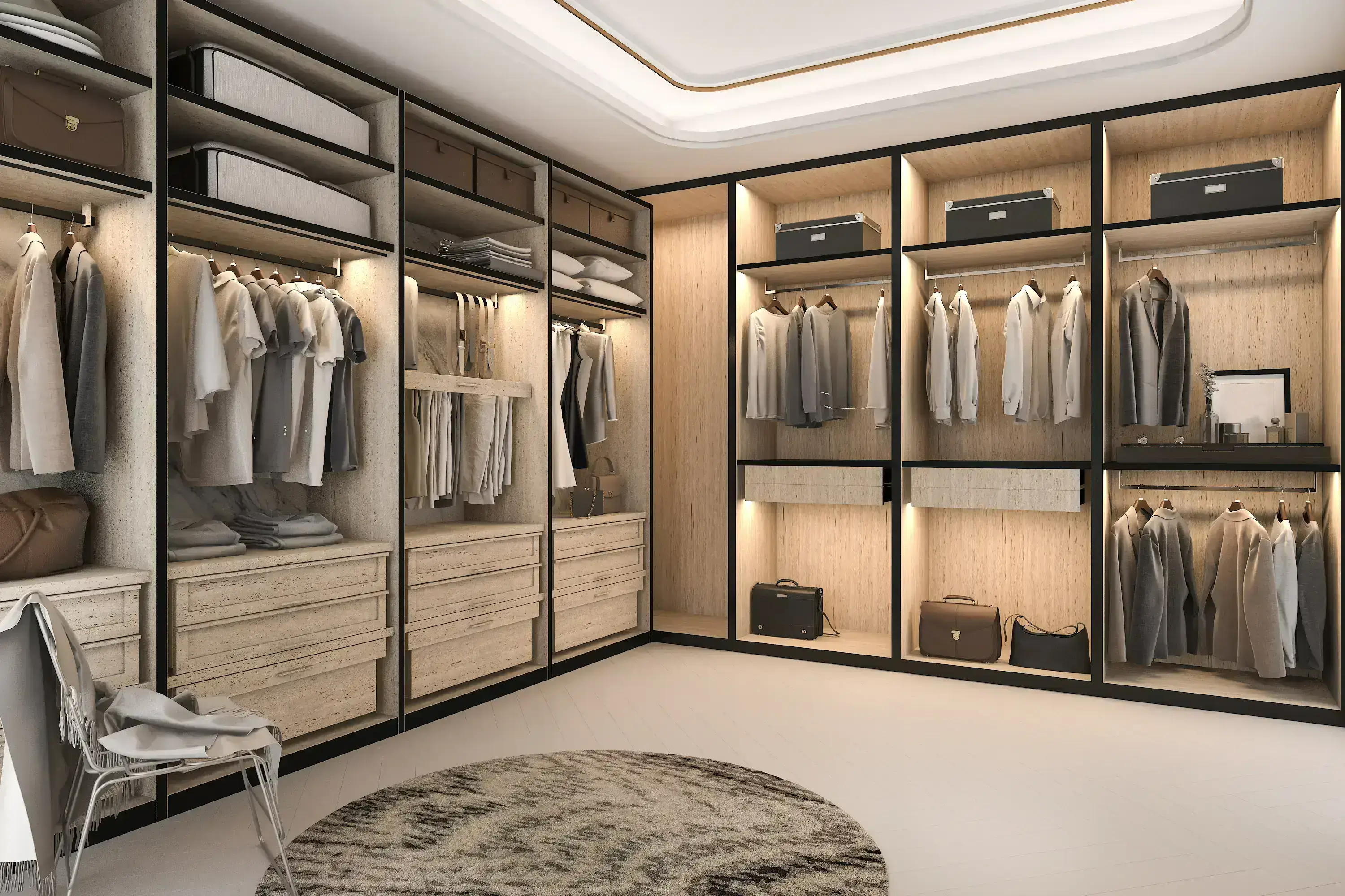 Luxury walk-in closet renovation in Brampton featuring premium wood finishes, custom storage solutions, modern minimalist design, and exceptional craftsmanship showcasing sophisticated organization