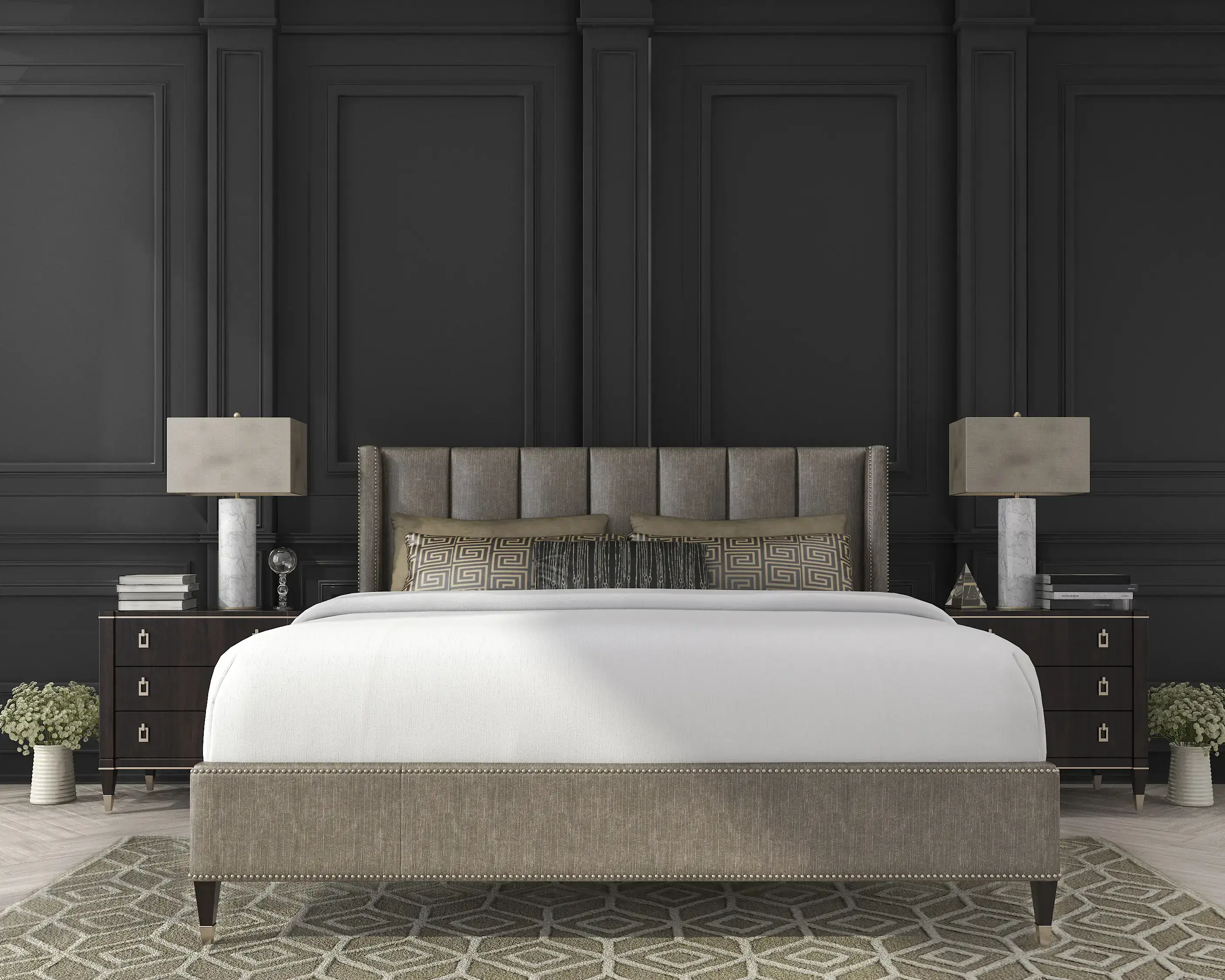 Luxury home renovation in Caledon featuring elegant dark wood wainscoting, premium bedroom design, sophisticated craftsmanship showcasing exceptional transformation